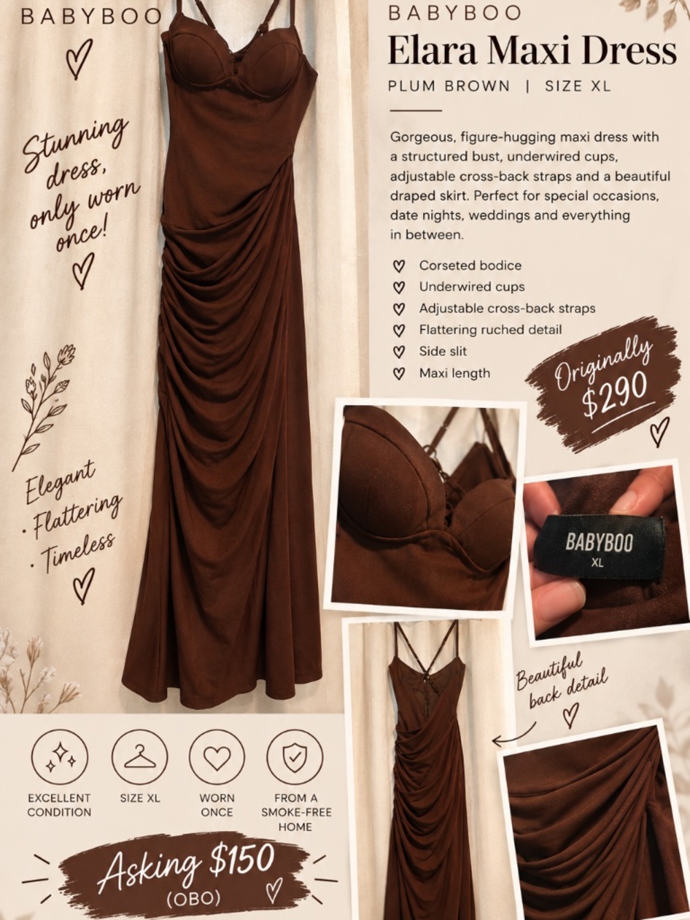 BABYBOO Elara Maxi Dress – Plum Brown – XL 🤎